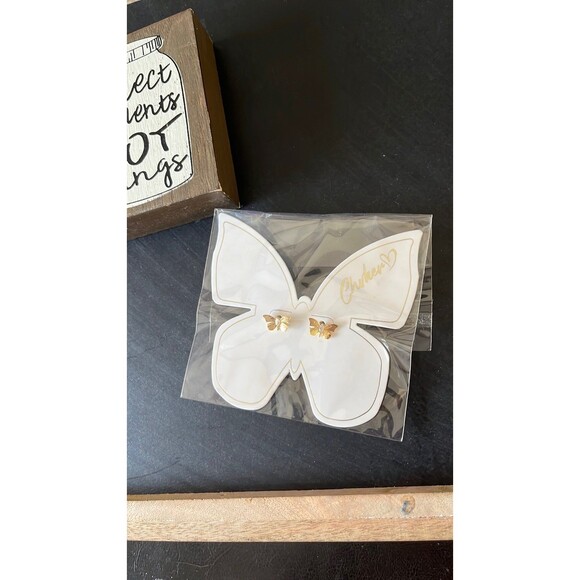 NWT CHVKER Gold Tone Butterfly Crystal Stud Earrings - Picture 2 of 6